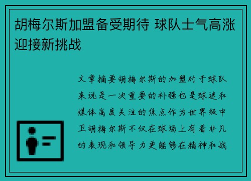 胡梅尔斯加盟备受期待 球队士气高涨迎接新挑战