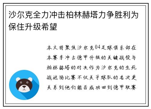 沙尔克全力冲击柏林赫塔力争胜利为保住升级希望