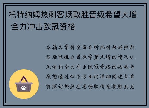 托特纳姆热刺客场取胜晋级希望大增 全力冲击欧冠资格